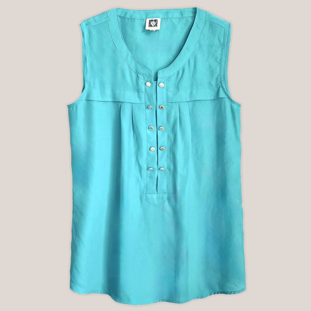 ANNE KLEIN Teal Turquoise Sleeveless Top w/ Gold Buttons | Women's Blouse Shirt